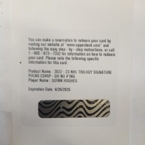 2022-2023 Upper Deck Trilogy Signature Pucks Quinn Hughes Redemption Card