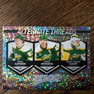 2023-24 UD MVP Alternate threads Kirikk Kaprizov, Jared Spurgeon, Marc-Andre Fleury