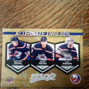 2023-24 UD MVP alternate threads gold Mathew Barzal, Adam Pelech, Ilya Sorokin