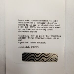 2022-2023 Upper Deck Ultimate Collection Emblems Rookies Auto Thomas Bordeleau (Redemption Card)