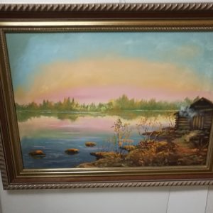 Iso mökkiranta-maisema maalaus (K)